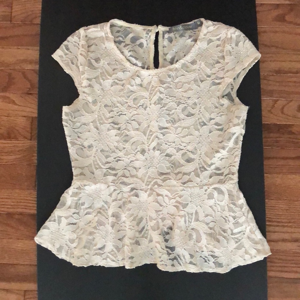 Finn & Clover Lace, Short Sleeve, Cream Peplum Top